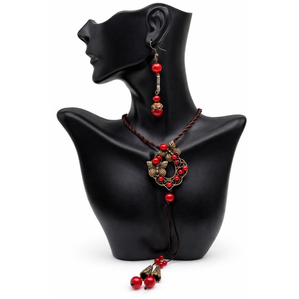 Vintage Boho Red Agate Carnelian Brass Butterfly Cord Necklace Earrings Set